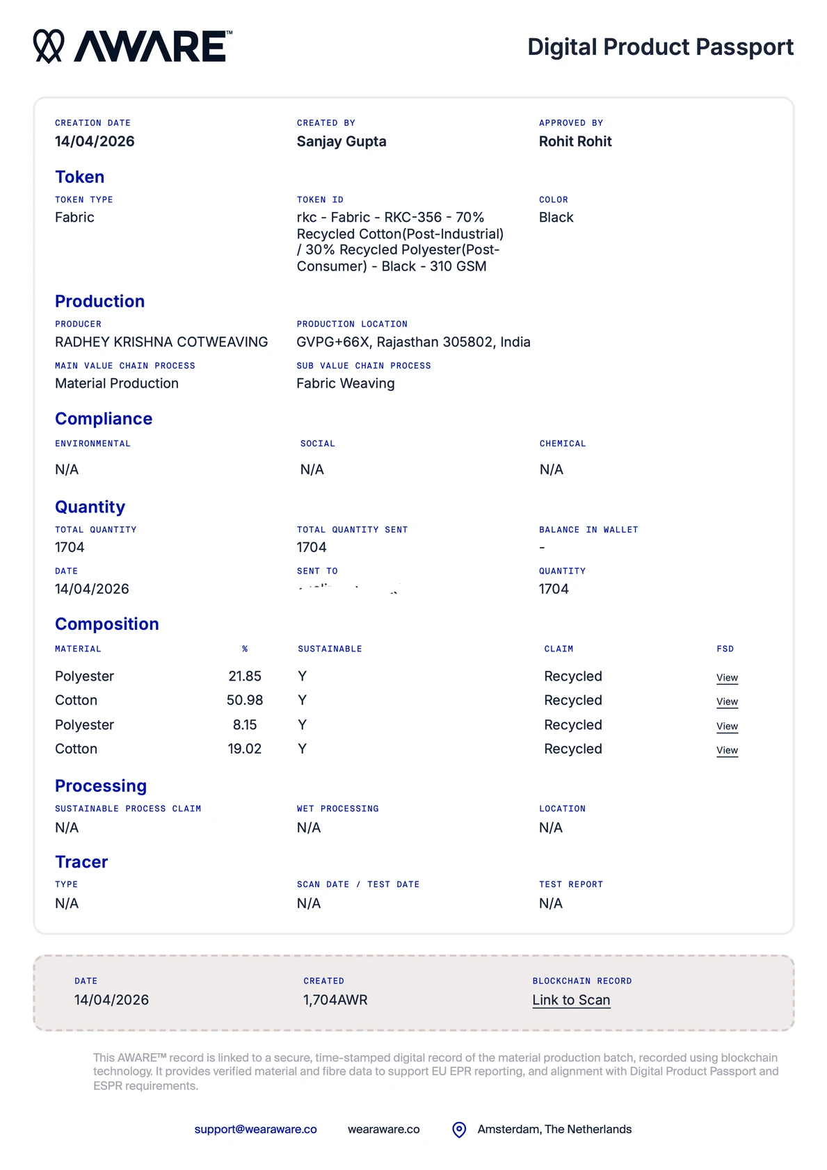 AWARE Digital Product Passport Page 1 - Token ID RKC-356, Radhey Krishna Cotweaving, 1704 kgs batch, verified recycled composition