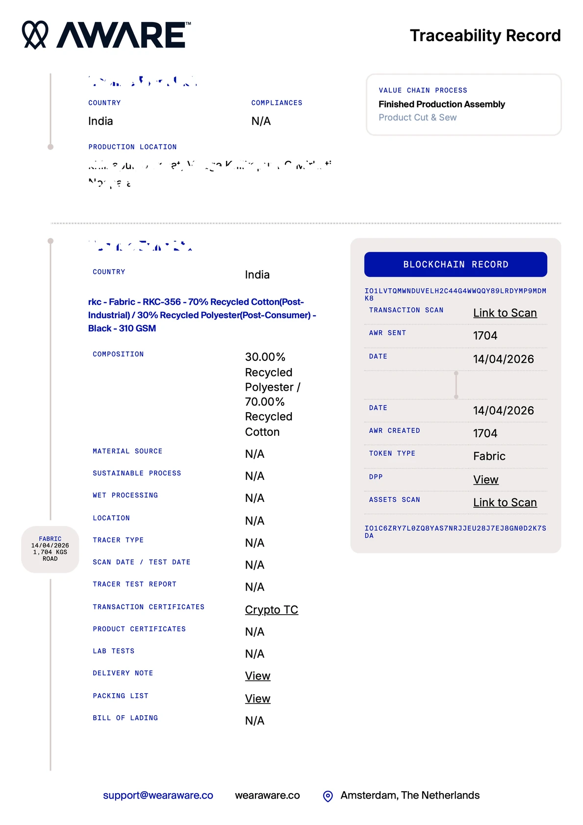 AWARE Traceability Record Page 2 - Cut and sew product assembly, 1704 kgs fabric