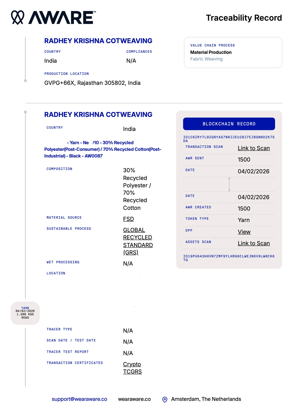 AWARE Traceability Record Page 3 - Radhey Krishna Cotweaving weaving facility, 1500 kgs yarn
