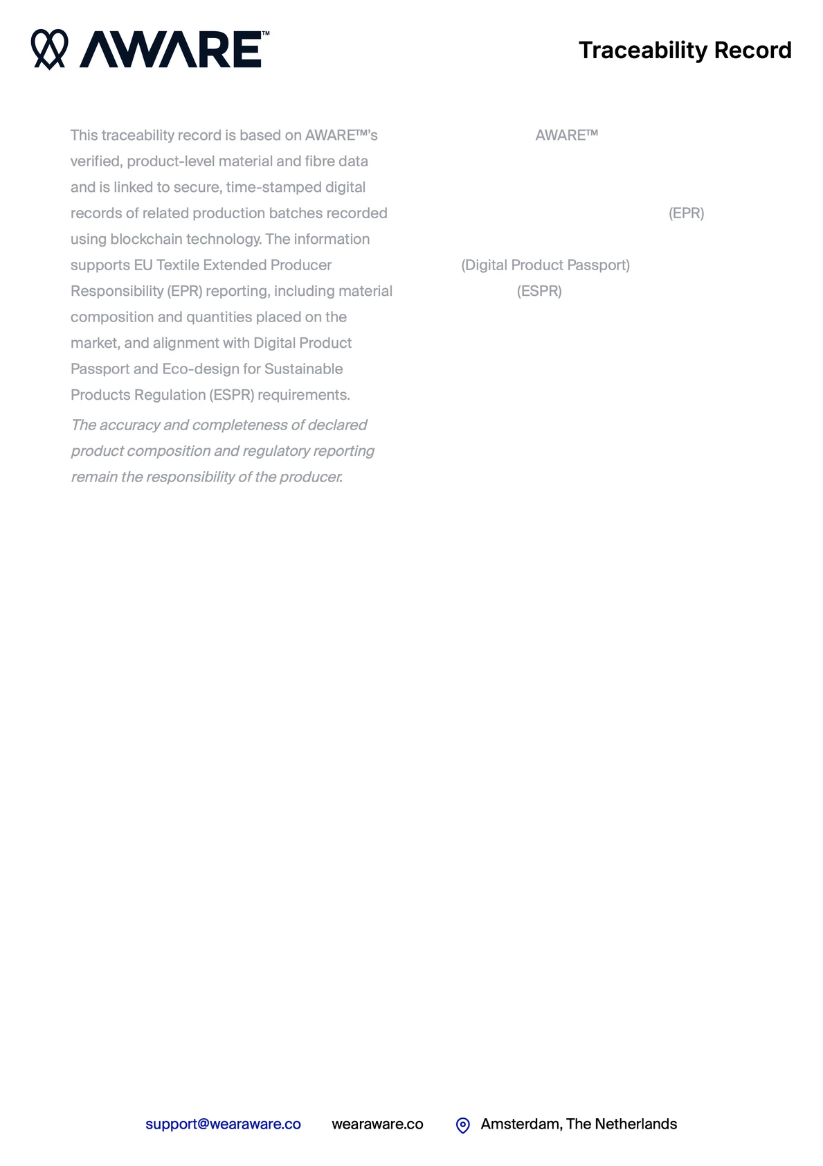 AWARE Traceability Record Page 6 - EU ESPR and DPP regulatory alignment statement