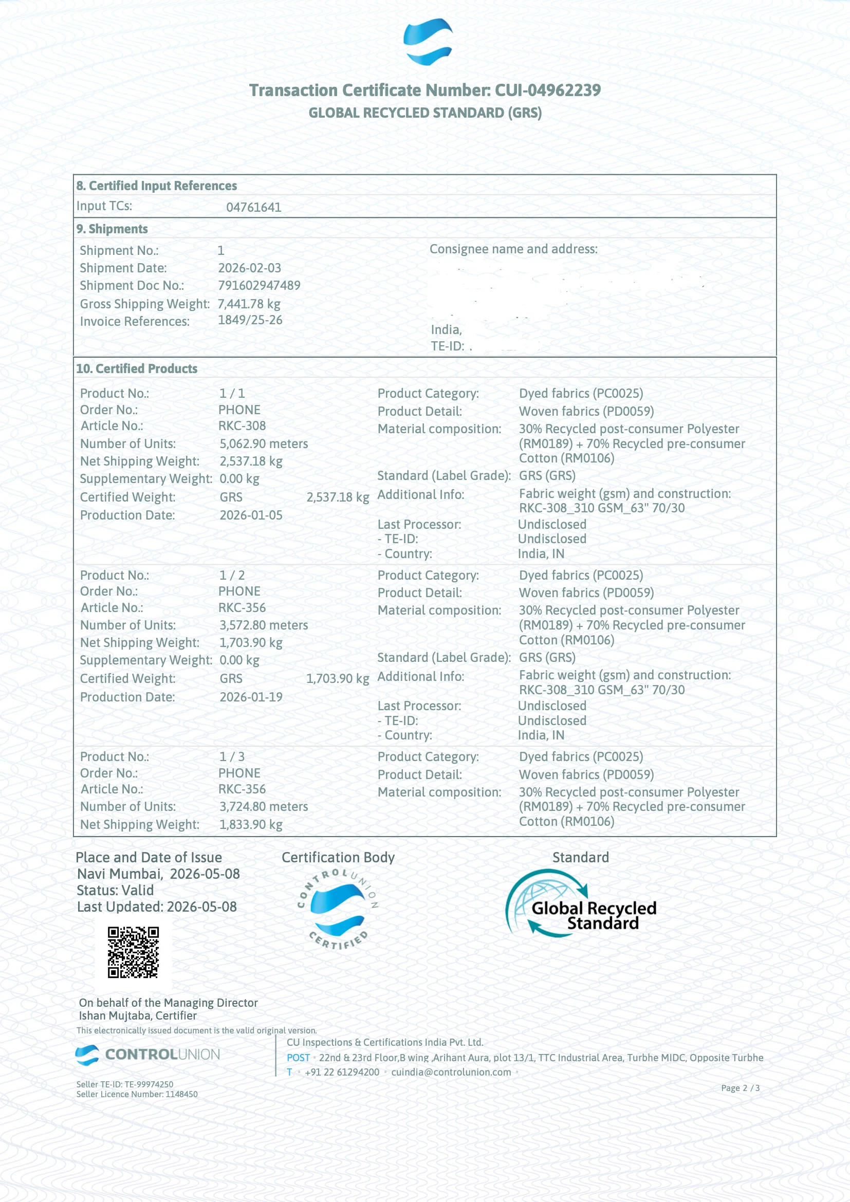 GRS Transaction Certificate Page 2 - Certified products, 70/30 recycled cotton composition, invoice reference