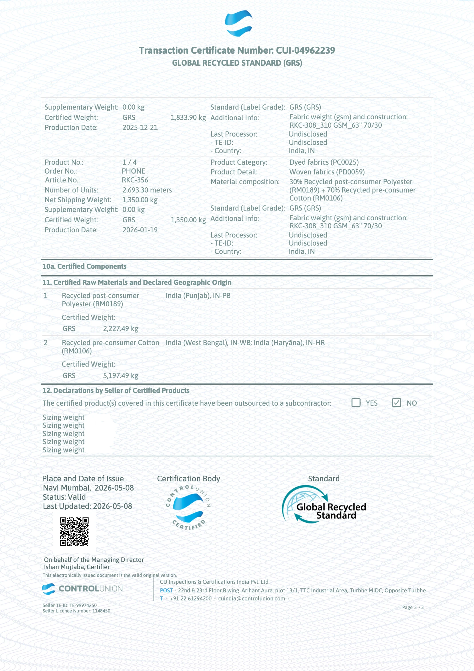 GRS Transaction Certificate Page 3 - Certified components, raw material geographic origin, seller declaration