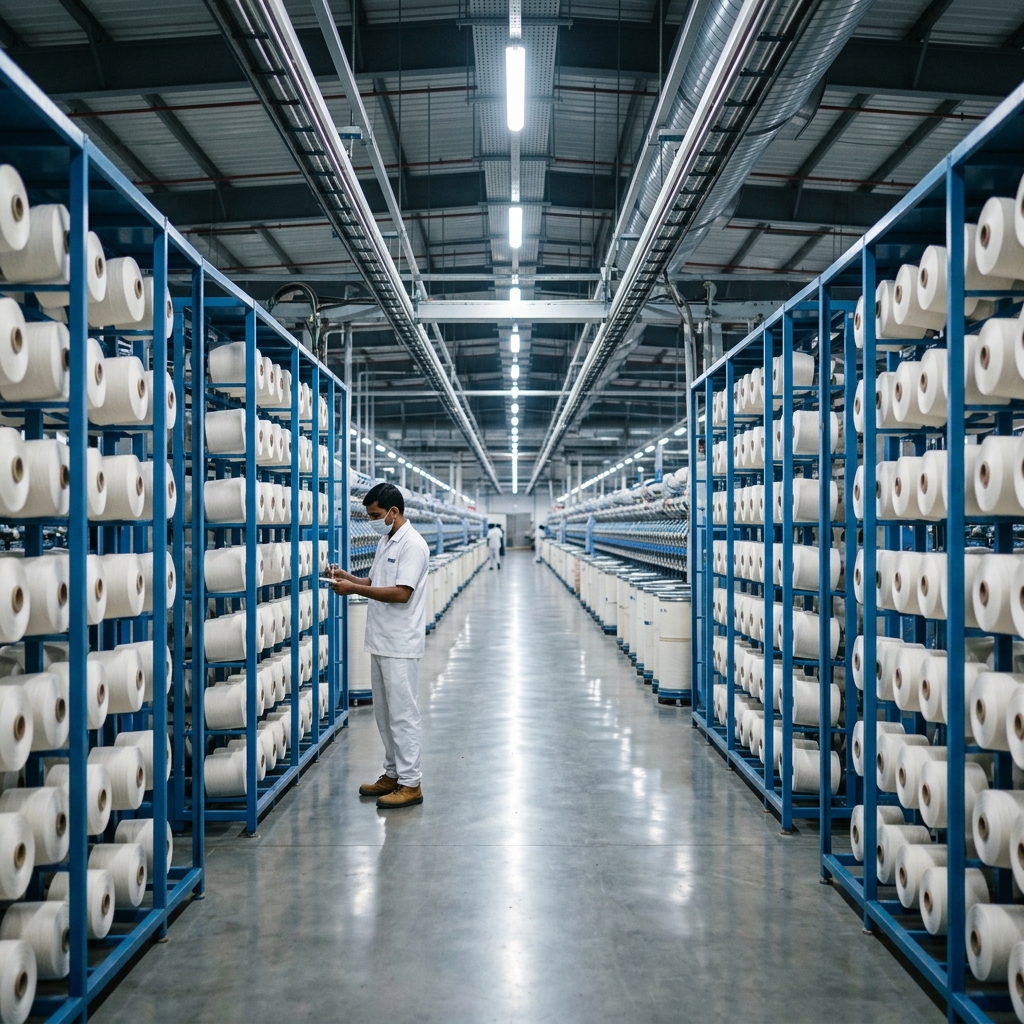 Radhey Krishna Cotweaving - State-of-the-Art Cotton Spinning Factory with Organized Yarn Bobbins, Bhilwara, India