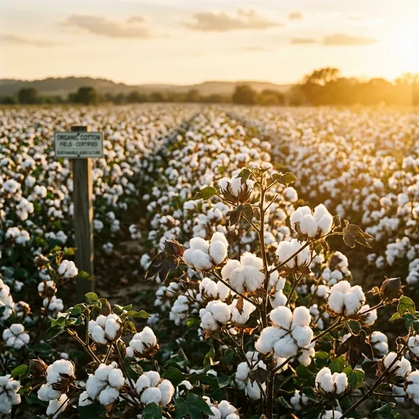Certified organic cotton field at golden hour — GOTS and Fairtrade sourcing