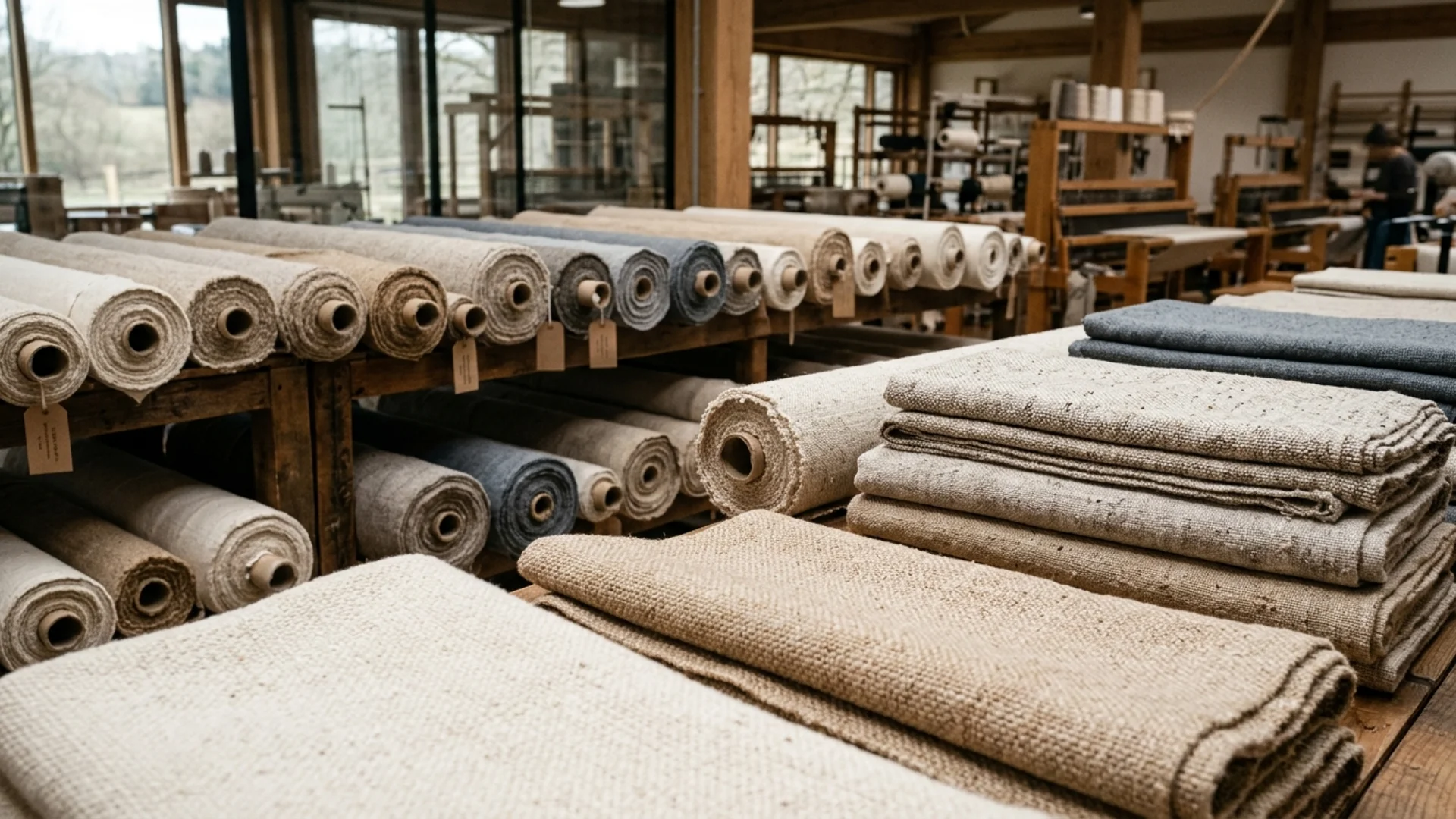 Recycled Cotton Fabric rolls and folded textiles woven from recycled garment cutting waste at RK Cotweaving mill