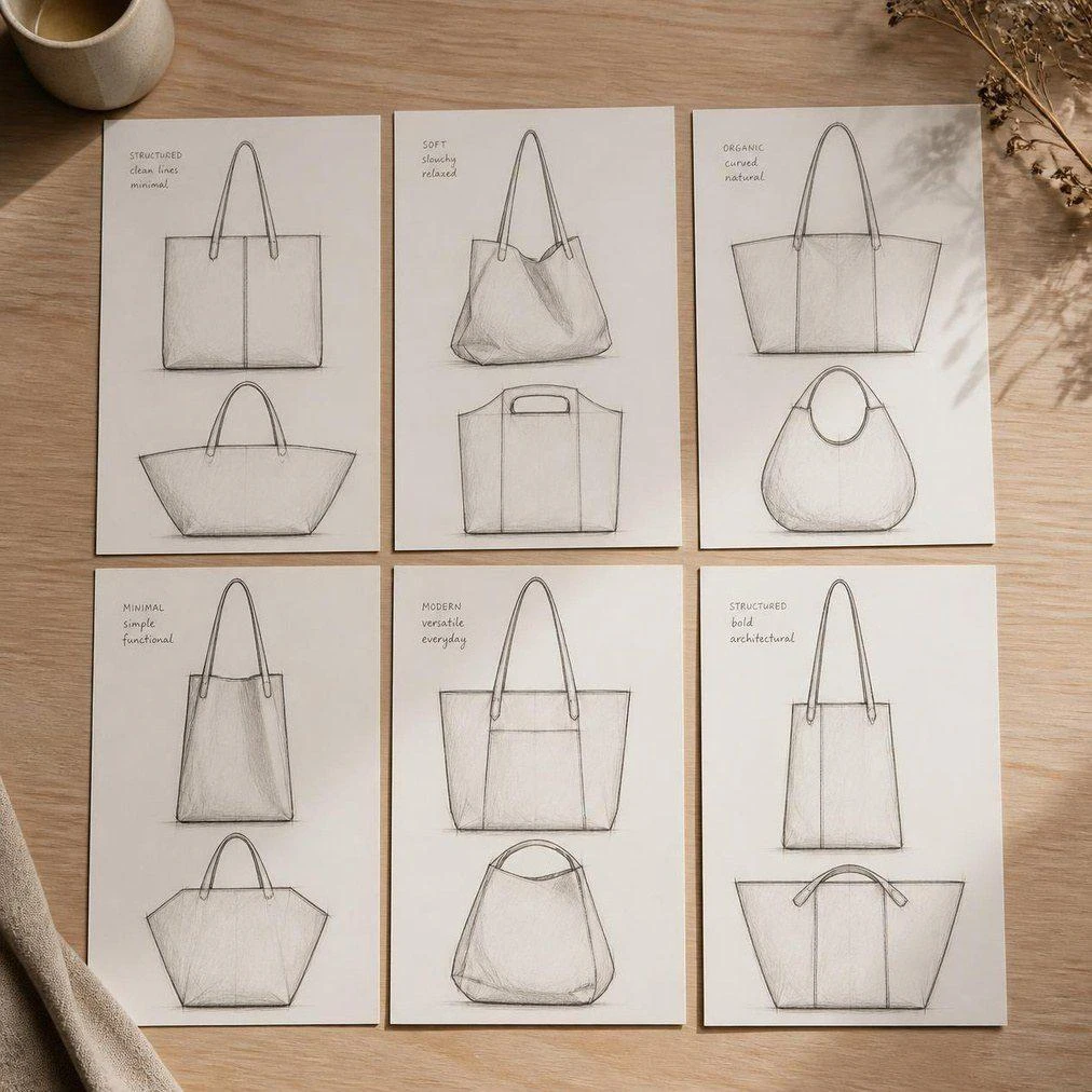 Design sketches and tech packs for bags and totes made from ReWeav canvas