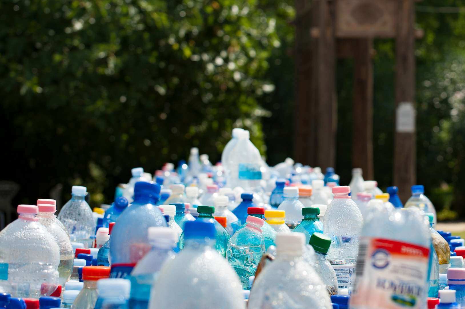 Collected plastic PET bottles ready for sorting, washing, and melt-extrusion recycling
