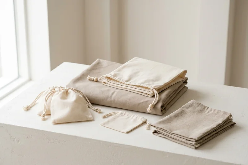 Recycled rPET fabric eco packaging pouches, luxury dust bags, and garment linings