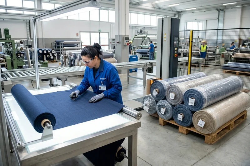 Textile quality inspection and finished rPET fabric rolls packed for shipment